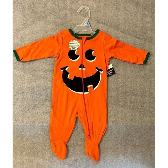 Celebrate One Piece Childrens 3 - 6 months Orange Jack-o-lantern Inverted Zipper - Picture 1 of 3